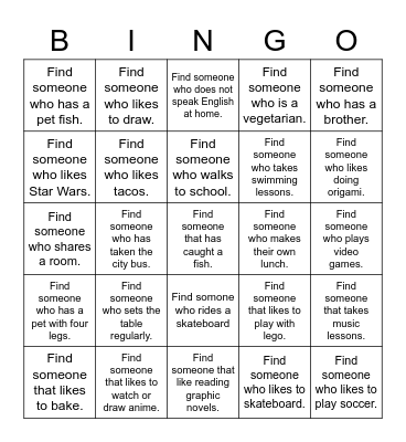 Get to know the class Bingo Card