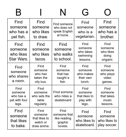 Get to know the class Bingo Card