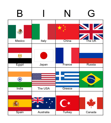 Countries English Plus 1 Bingo Card