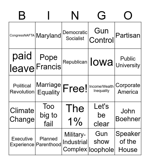 Democratic Debate Bingo Card