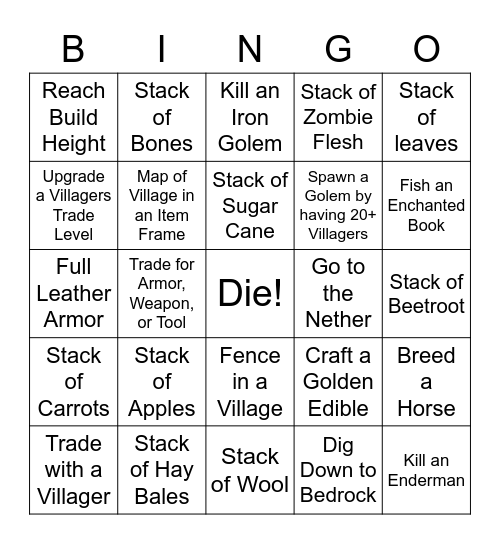 Minecraft Bingo - Homestead Card Bingo Card