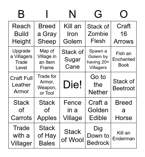 Minecraft Bingo - Homestead Card Bingo Card