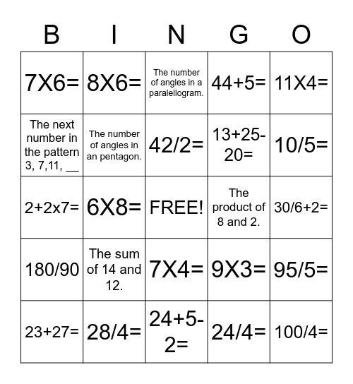 Review Math Bingo Card