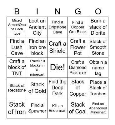 Minecraft Bingo - Miner Card Bingo Card