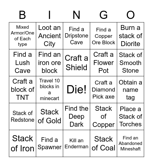 Minecraft Bingo - Miner Card Bingo Card