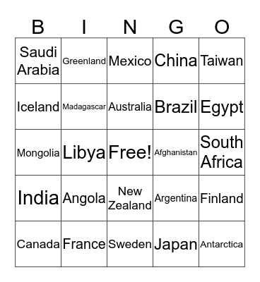 Latitude and Longitude Bingo Card
