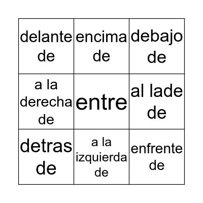 Spanish Preposition  Bingo Card