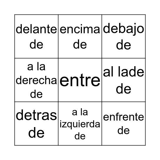 Spanish Preposition  Bingo Card