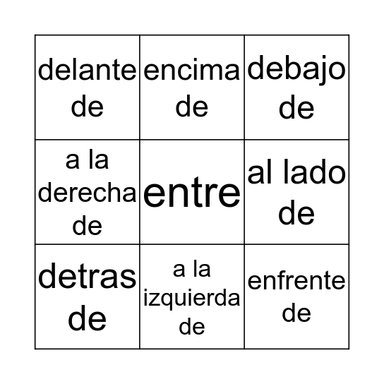 Spanish Preposition  Bingo Card
