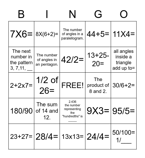 Review Math Bingo Card