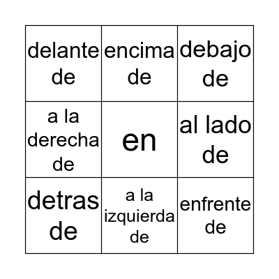 Spanish Preposition  Bingo Card