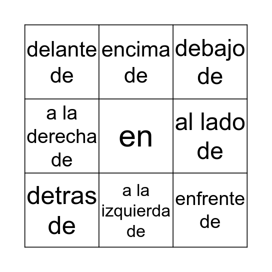 Spanish Preposition  Bingo Card