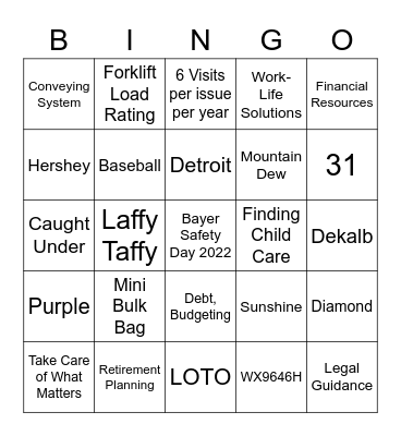 Bayer Safety Day 2022 Bingo Card