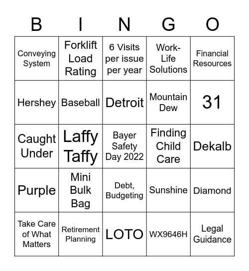 Bayer Safety Day 2022 Bingo Card