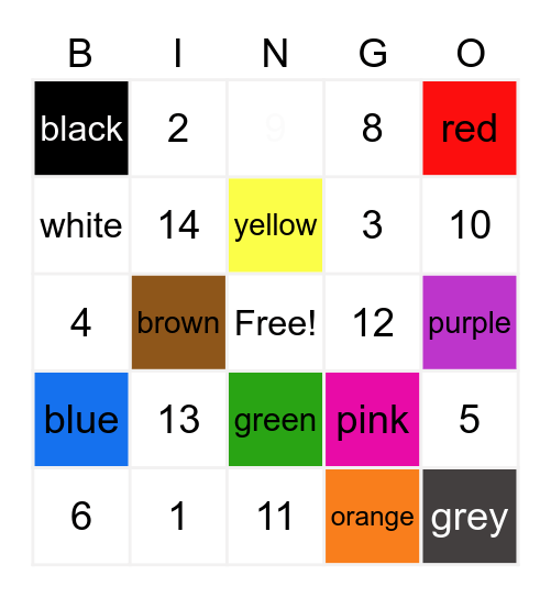 Colours Bingo Card