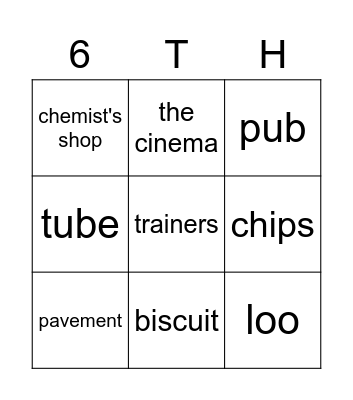 American vs.British English Bingo Card