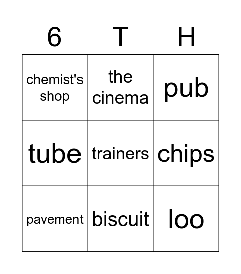 American vs.British English Bingo Card