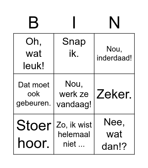 Reactie Bingo - Kruis aan als je het woord/de zin hoort. Bingo Card