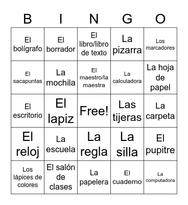 El salon de clase y utiles escolares Bingo Card