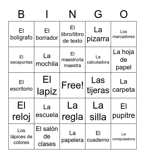 El salon de clase y utiles escolares Bingo Card