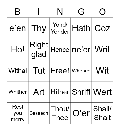 Shakespeare Lingo Bingo Card