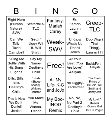 90's R&B Bingo Card