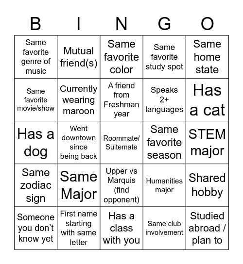 Let’s get to know each other Bingo Card