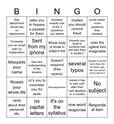 Emailing a Prof Bingo Card