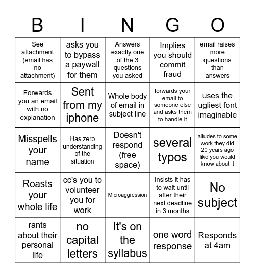 Emailing a Prof Bingo Card