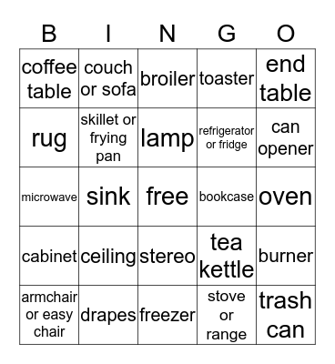 Livingroom & Kitchen Bingo Card