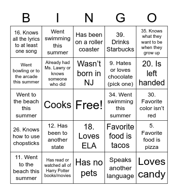 Getting to Know You Bingo Card