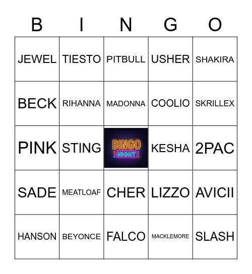 ARTISTS WITH ONE NAME Bingo Card