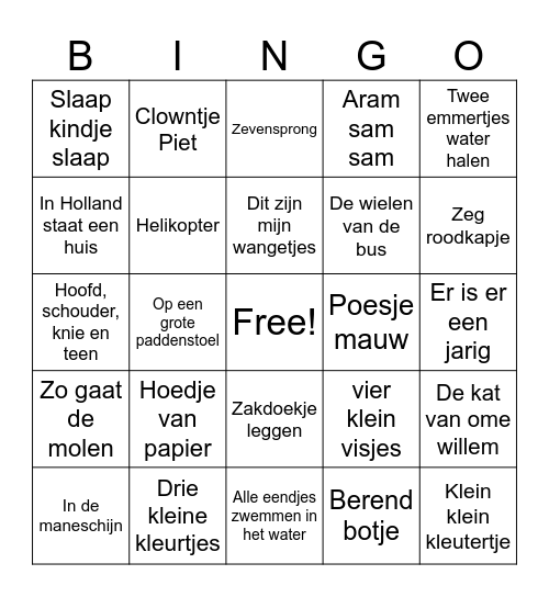 Kinderliedjes bingo Card