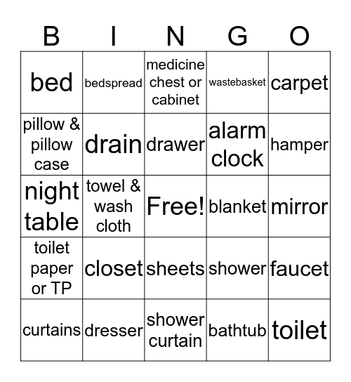 Bedroom & Bathroom  Bingo Card