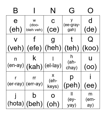 Spanish Alphabet Bingo Card