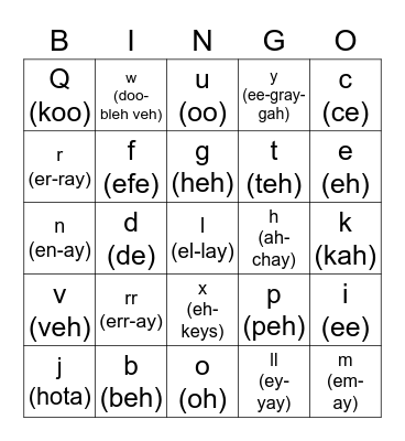 Spanish Alphabet Bingo Card