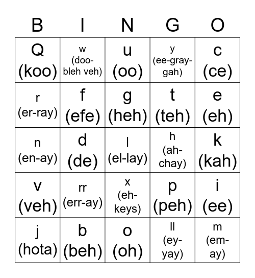 Spanish Alphabet Bingo Card