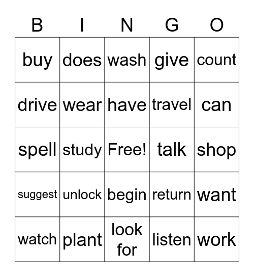 VERBS 2 Bingo Card