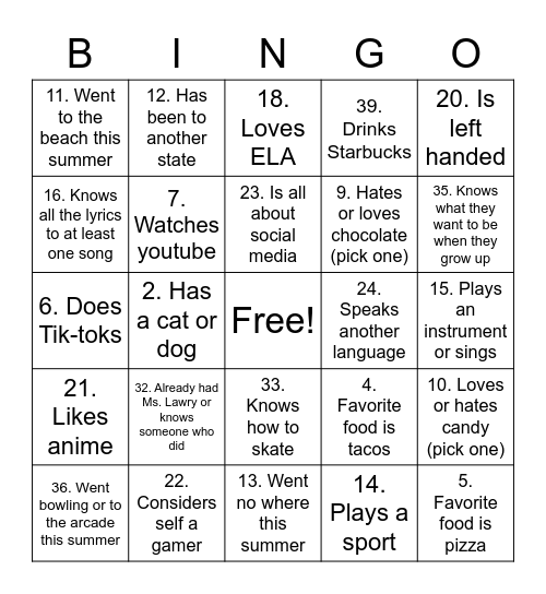 Getting to Know you Bingo Card