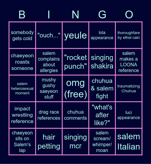 Salem Seagraves and Park Chaeyeon chaos Bingo Card