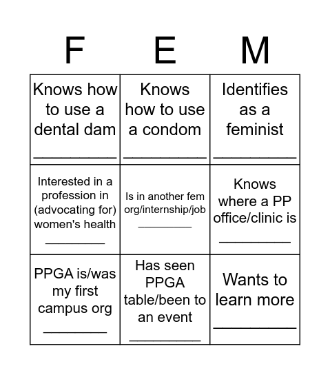 PPGA Bingo Card