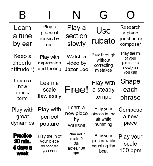 Piano Bingo Card