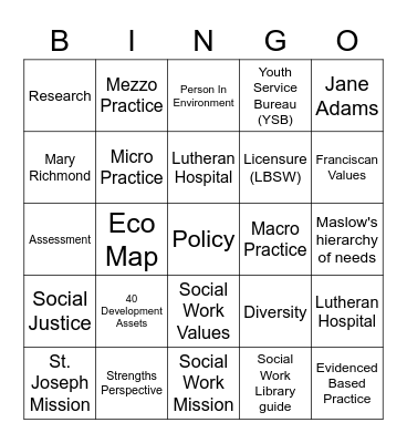 Social Work:  SW Generalist Practice Bingo Card