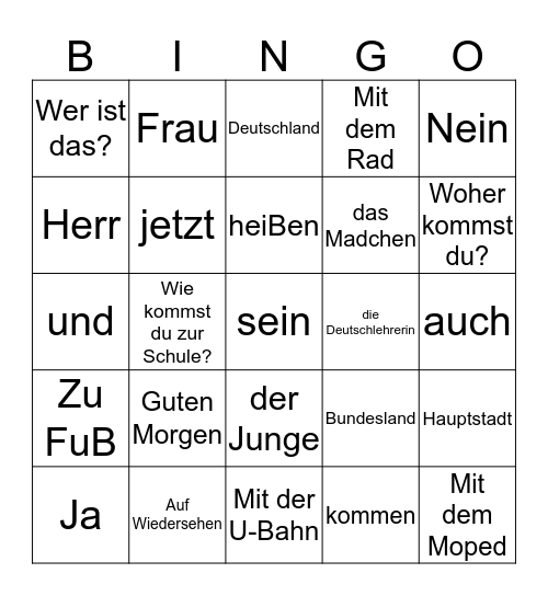 German 1 Kapitel 1 Bingo Card