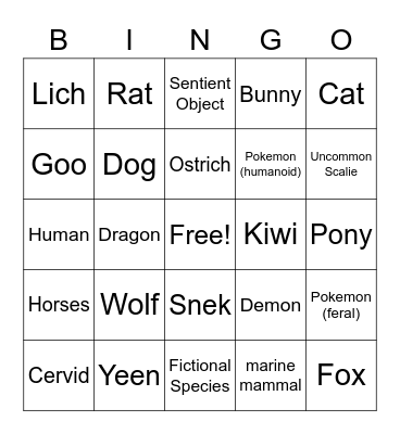 Species Bingo Card