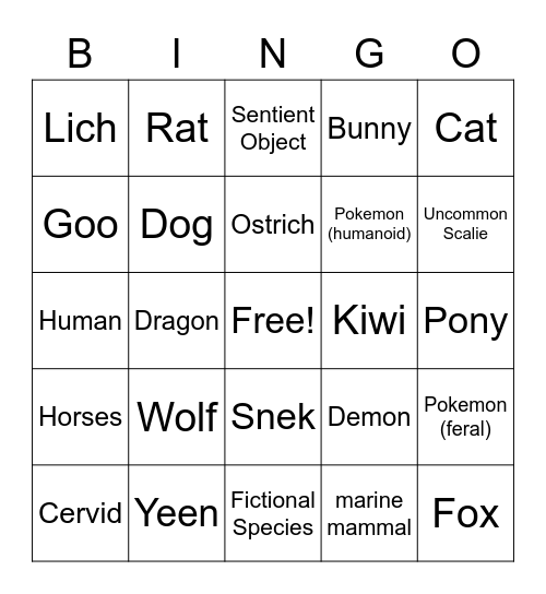 Species Bingo Card