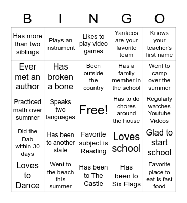 First Day of School Bingo Card