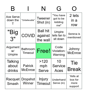 US Open 2022 Bingo Card