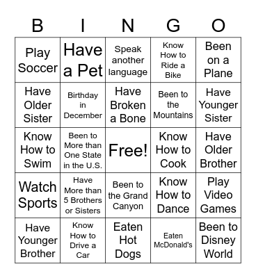 Ice-Breaker Scavenger Hunt Bingo Card