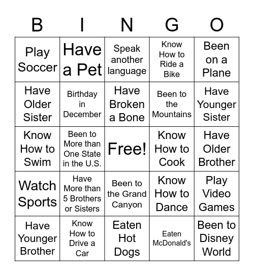 Ice-Breaker Scavenger Hunt Bingo Card